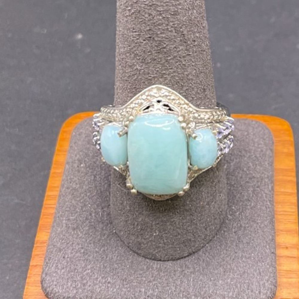 STS 925 Sterling Silver Larimar Cabochon Tanzanite Stone Statement Ring Size 10
